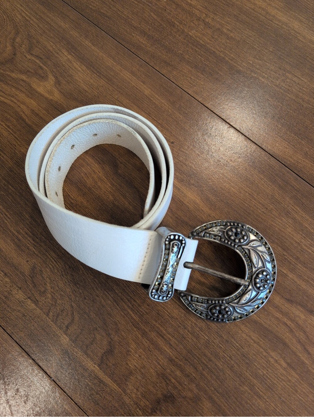 LANDES Womens Belt White Cuir Italian Leather Rhinestone Buckled Western Sz S